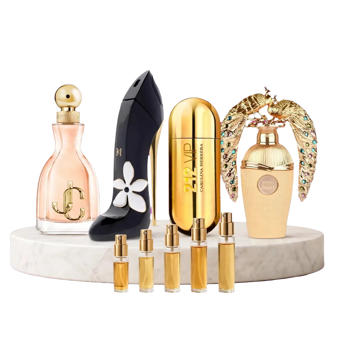 Perfumes árabes e decants IC Importados sobre pedestal