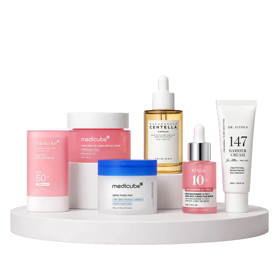 Produtos de skincare importados sobre bandeja
